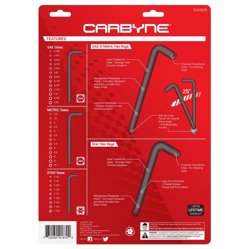 Carbyne 35-Piece Long Arm Ball End Allen Key Wrench Set, Inch/Metric/Torx. Includes Metric Hex 1.27mm-10mm, SAE Hex 0.05"-3/8", Torx T10-T50. Heat Treated S2 Steel - Image 3